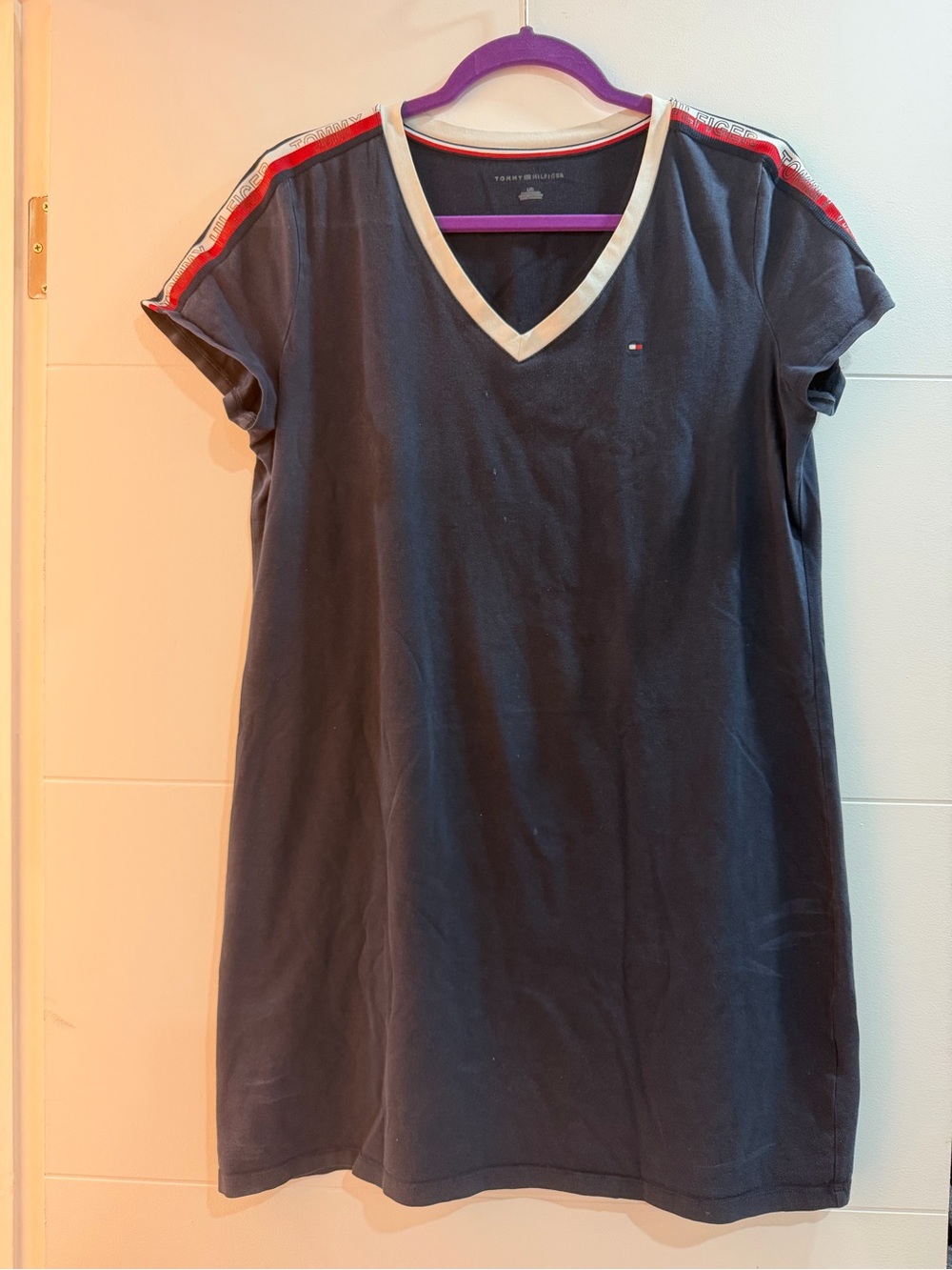 Tommy Hilfiger Navy V-Neck Tunic with Red and White Shoulder Stripes